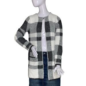 Love Scarlett Open Front Plaid Cardigan Front Pockets Black/White Size S